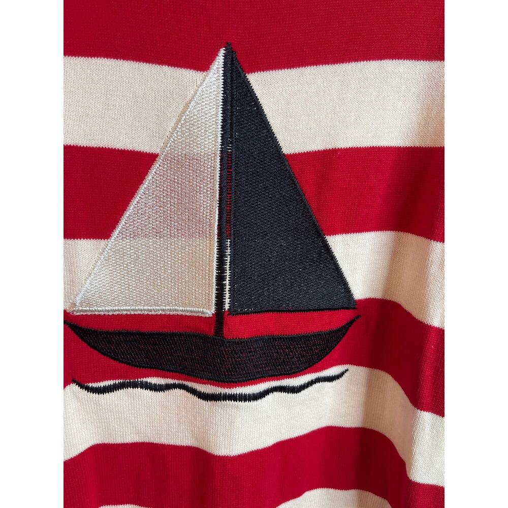 NWT OXKNIT Red White Striped Sweater Sailboat Navy Bell Cuff Knit Crewneck XL - Picture 2 of 10